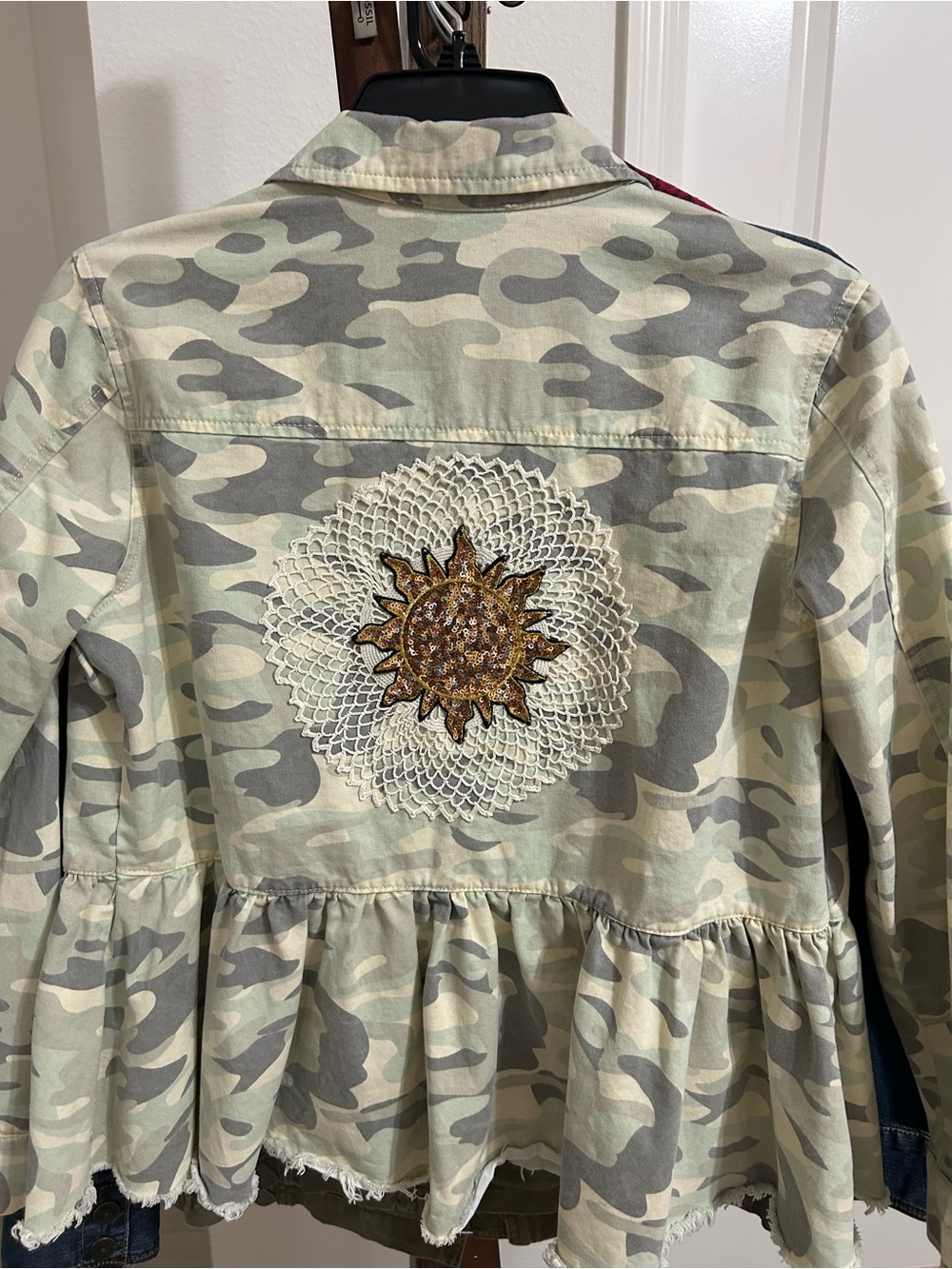 Upcycled Camo Peplum Jacket with Sun Crochet Patch and Lace